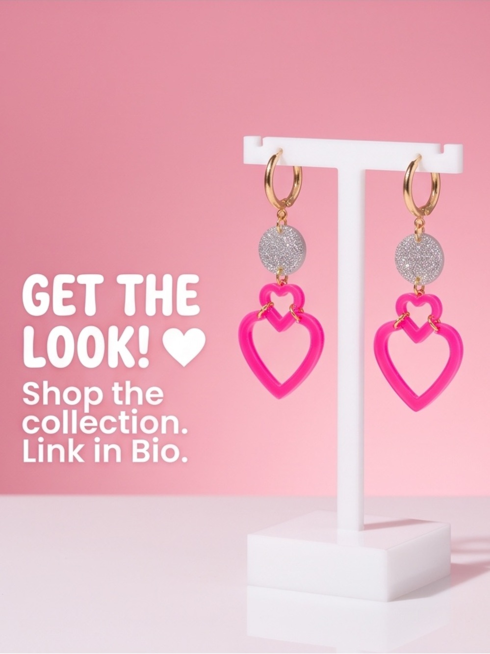 Gold Hoop Earrings with Hot Pink Heart Drops and Silver Glitter Discs - Picture 4 of 6